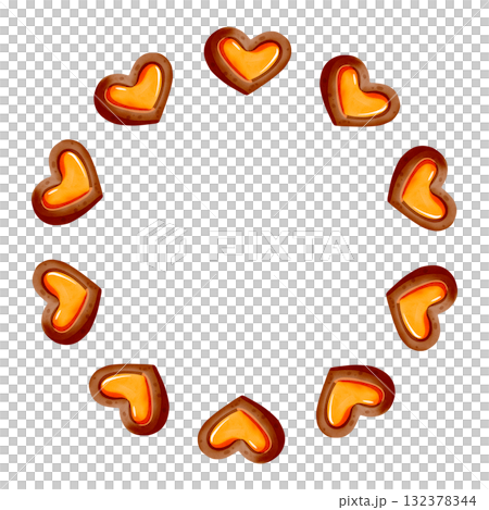 Round frame. Heart-shaped gingerbread with jam. Delicious hand-drawn cookies. Watercolor illustration of the dessert. Winter holiday atmosphere. 132378344