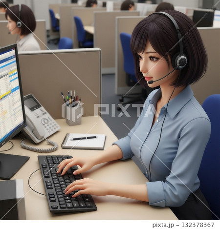 コールセンターで仕事をする若い日本人女性 コールセンターで仕事をする若い日本人女性 132378367