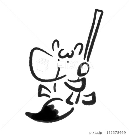 大きな筆を持つ馬　書き初め　書道　正月素材　墨絵　モノクロ 132378469