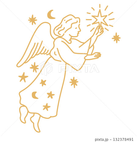 Celestial Angel Line Art Illustration with Moon and Stars Elegant Cosmic Christmas Outline Mystical Holiday Design for Winter Greeting Cards and Decorative Crafts Celestial Angel Line Art Illustration with Moon and Stars Elegant Cosmic Christmas Outline Mystical Holiday Design for Winter Greeting Cards and Decorative Crafts 132378491