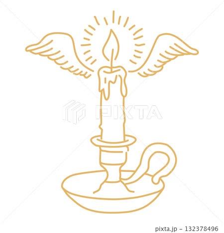 Celestial Winged Candle Line Art Illustration Elegant Cosmic Christmas Light Outline Mystical Holiday Decor Design with Angelic Flame for Winter Greeting Cards and Crafts 132378496