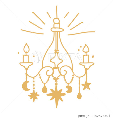 Celestial Chandelier Line Art Illustration with Candles Moons and Stars Elegant Cosmic Christmas Decor Outline Mystical Holiday Design for Winter Greeting Cards and Crafts 132378501