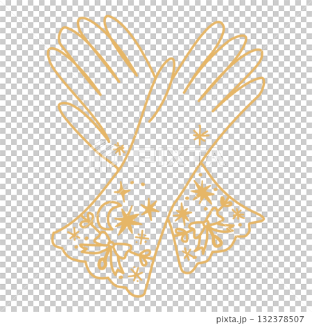Celestial Gloves Line Art Illustration with Stars Moon and Ribbon Elegant Decorative Lace Cuffs Magical Christmas Holiday Outline Design for Winter Fashion Crafts and Prints 132378507