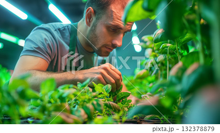 An attentive man in a greenhouse focuses on caring for lush green plants, embodying a connection with nature. 132378879