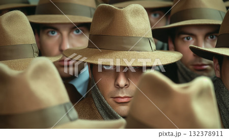 Multiple men with intense gazes, wearing fedora hats, blend into a crowd, creating an air of mystery. Multiple men with intense gazes, wearing fedora hats, blend into a crowd, creating an air of mystery. 132378911