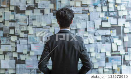 A man in a suit stands pondering in front of a wall covered with numerous sticky notes and documents. 132378959