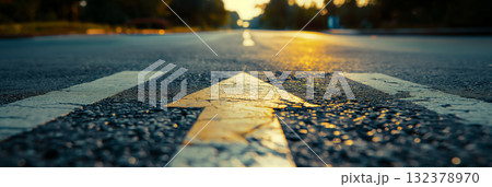 A perspective view of a road with a fading yellow arrow pointing forward, symbolizing direction and journey. A perspective view of a road with a fading yellow arrow pointing forward, symbolizing direction and journey. 132378970