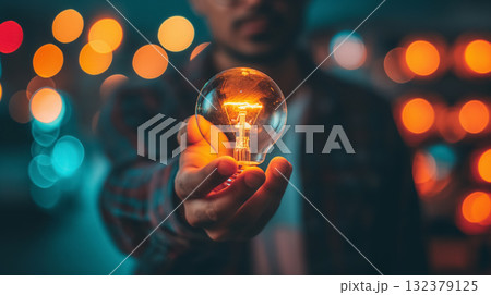 An innovative concept of a man holding a glowing light bulb in his hand with blurred lights in the background. 132379125