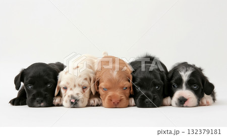 Five adorable puppies in a row, each with a unique coat color, looking curiously at the camera. 132379181