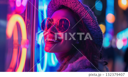 A woman's face is illuminated by neon lights, her joyful expression seen through stylish round glasses, against a night cityscape. A woman's face is illuminated by neon lights, her joyful expression seen through stylish round glasses, against a night cityscape. 132379407
