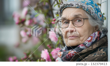 A thoughtful elderly woman with glasses and a patterned headscarf stands before a blur of pink blossoms, her expression contemplative. 132379413