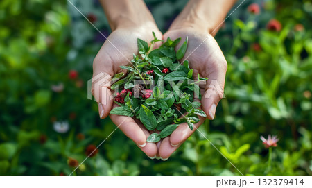 Two open hands carefully hold a mix of green leaves and red berries, with a lush garden backdrop creating a sense of growth and nature 132379414