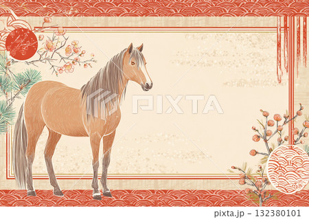 和風の馬と花のイラスト 和風の馬と花のイラスト 132380101