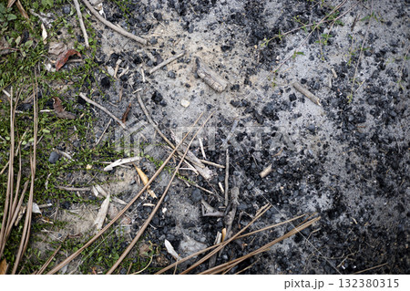 Charcoal Remains from Burnt Wood On The Soil, A textured view of charcoal remains on soil highlights natural decay, great for promoting organic soil enhancers. 132380315