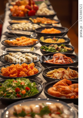 Top view of delicious sushi and rolls with fresh fish and green peas served on wooden table in light cafe Top view of delicious sushi and rolls with fresh fish and green peas served on wooden table in light cafe 132380321