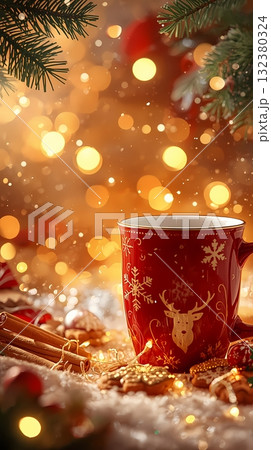 Christmas homemade gingerbread cookie and cup of hot chocolate with marshmallow on wooden table. Christmas homemade gingerbread cookie and cup of hot chocolate with marshmallow on wooden table. 132380324