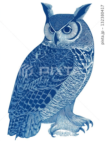 Detailed illustration of a blue owl perched calmly 132380417