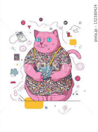 Cute pink cat character holding a book in colorful setting 132380424