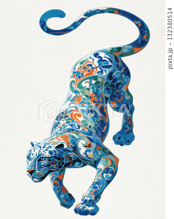 Colorful panther walking through vibrant patterns 132380514