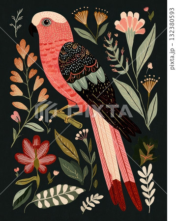 Colorful bird among flowers in a botanical design Colorful bird among flowers in a botanical design 132380593