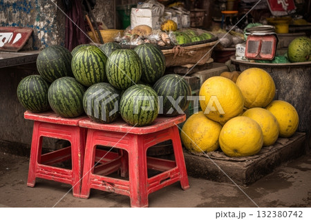 Fresh watermelons and melons at a market 132380742