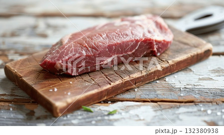 Fresh Raw Beef Steak on Wooden Cutting Board with Grain Texture Fresh Raw Beef Steak on Wooden Cutting Board with Grain Texture 132380938
