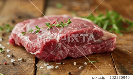 Fresh Slice of Raw Beef Steak with Herbs on Wooden Table Surface 132380949