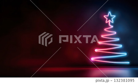 Neon Christmas tree glowing in vibrant colors against a dark background, creating a festive atmosphere for holiday celebrations and decorations 132381095