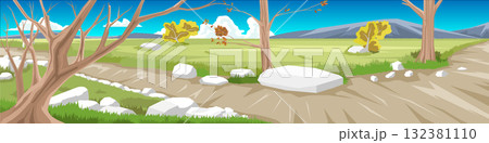 Landscape of dirt road with a curve at an intersection. Open landscape is lined with deciduous trees and dense rocks with tall grass on both sides. Mountain under blue sky and white clouds. Landscape of dirt road with a curve at an intersection. Open landscape is lined with deciduous trees and dense rocks with tall grass on both sides. Mountain under blue sky and white clouds. 132381110