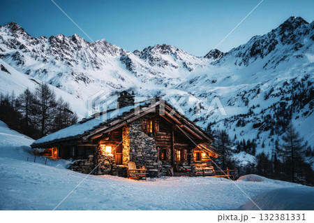 A charming chalet nestled in snow-covered mountains offers warmth and comfort. Mesmerizing twilight sets a peaceful atmosphere for a perfect winter getaway A charming chalet nestled in snow-covered mountains offers warmth and comfort. Mesmerizing twilight sets a peaceful atmosphere for a perfect winter getaway 132381331