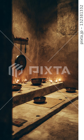 A peaceful space designed for sound therapy features multiple singing bowls surrounded by candles and cushions. The soft lighting creates a soothing atmosphere for relaxation and healing A peaceful space designed for sound therapy features multiple singing bowls surrounded by candles and cushions. The soft lighting creates a soothing atmosphere for relaxation and healing 132381332