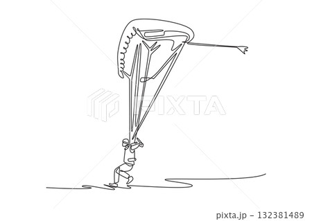 Continuous one line drawing adventure person is paragliding, preparing for takeoff, controlling the chute, balance and readiness for extreme sport. Single line draw design vector graphic illustration 132381489