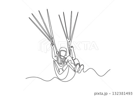 Continuous one line drawing man is paragliding, suspended high in seated harness, controlling the lines, thrill, airborne freedom of extreme sport. Single line draw design vector graphic illustration 132381493