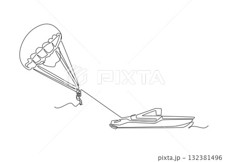 Single continuous line drawing person is parasailing, suspended beneath parachute and towed by speed boat. Thrill and airborne freedom extreme sport. One line draw graphic design vector illustration 132381496