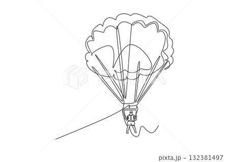 Single continuous line drawing person is parasailing, suspended beneath fully inflated parachute, soaring airborne, thrill and freedom extreme sport. One line draw graphic design vector illustration 132381497