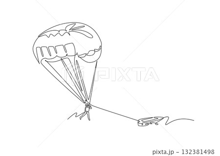 Single continuous line drawing person is parasailing, suspended beneath parachute and towed by boat, thrill and airborne freedom of the extreme sport. One line draw graphic design vector illustration Single continuous line drawing person is parasailing, suspended beneath parachute and towed by boat, thrill and airborne freedom of the extreme sport. One line draw graphic design vector illustration 132381498