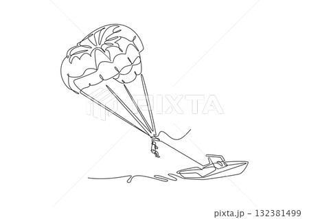 Single continuous line drawing person is parasailing high over the water, towed by boat, dynamic thrill and airborne freedom of extreme sport. Dynamic one line draw graphic design vector illustration 132381499