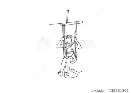 Single one line drawing young man is parasailing, suspended high above water, holding bar firmly, thrill and airborne freedom of extreme sport. Continuous line draw design graphic vector illustration 132381501