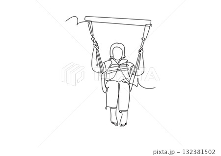 Single one line drawing woman is parasailing, suspended airborne and smiling while holding bar firmly, thrill and joy of extreme sport. Modern continuous line draw design graphic vector illustration 132381502