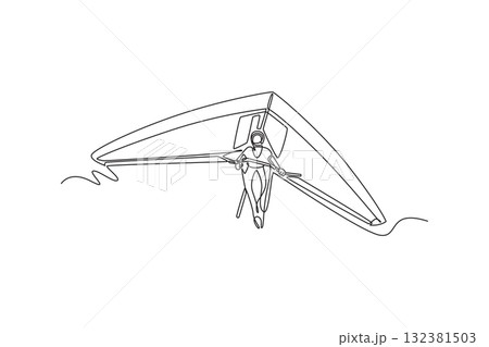 Single continuous line drawing man is hang gliding, gripping control bar firmly while soaring airborne, fluid motion, dynamic freedom of extreme sport. One line draw graphic design vector illustration Single continuous line drawing man is hang gliding, gripping control bar firmly while soaring airborne, fluid motion, dynamic freedom of extreme sport. One line draw graphic design vector illustration 132381503