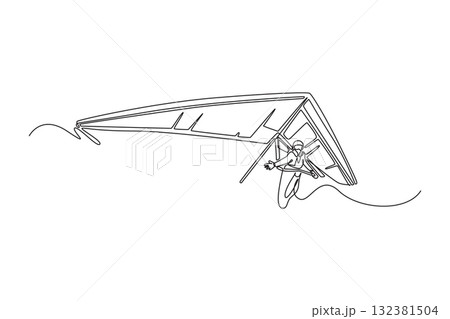 Single one line drawing bravery man is hang gliding, soaring with arms extended, smooth glide, dynamic motion, freedom of extreme sport. Modern continuous line draw design graphic vector illustration 132381504