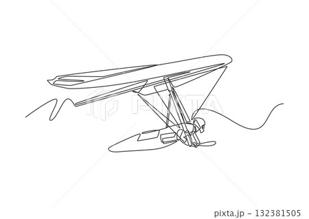 Single one line drawing bravery man is hang gliding, soaring airborne above winding that suggests, dynamic flight, fluid motion extreme sport. Continuous line draw design graphic vector illustration 132381505