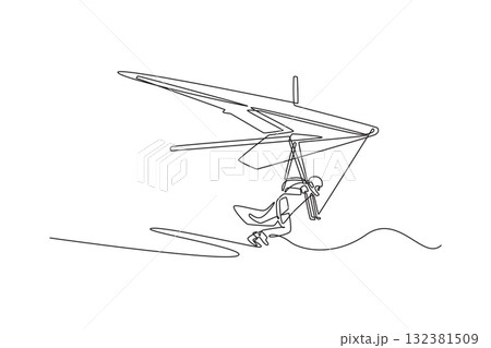 Single one line drawing female hang gliding athlete, soaring airborne and flying high. Fluid motion and dynamic freedom of extreme sport. Modern continuous line draw design graphic vector illustration 132381509