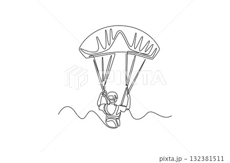 Continuous one line drawing back view young person is paragliding, suspended beneath a fully inflated chute, gripping the control lines in mid-air. Single line draw design vector graphic illustration 132381511