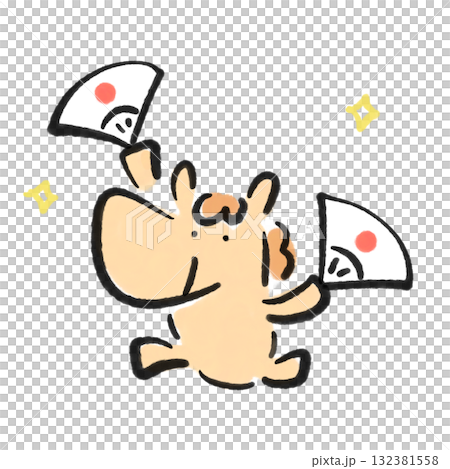 笑馬手執扇子翩翩起舞，日之丸，新年素材，水墨畫 132381558