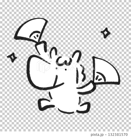 笑馬手執扇子翩翩起舞，日之丸，新年素材，水墨畫，單色 132381570