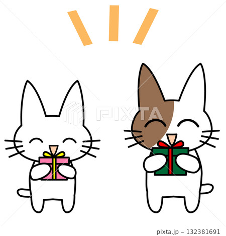 笑顔の猫がプレゼントを持つかわいいイラスト｜猫,プレゼント,笑顔,贈り物,ギフト 132381691