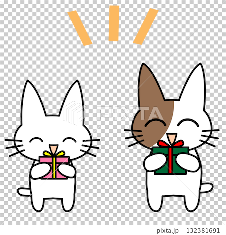 笑顔の猫がプレゼントを持つかわいいイラスト｜猫,プレゼント,笑顔,贈り物,ギフト 132381691