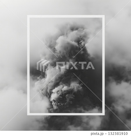 Smoke mist on square background with white rectangular frame and copy space for text in black and white color tones. Smoke mist on square background with white rectangular frame and copy space for text in black and white color tones. 132381910