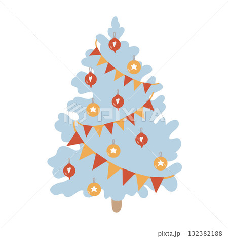 Vector flat illustration of a Christmas tree in retro style. Vintage blue tree with paper garland and Christmas decorations isolated on a white background. Decorative simplified New Years tree Vector flat illustration of a Christmas tree in retro style. Vintage blue tree with paper garland and Christmas decorations isolated on a white background. Decorative simplified New Years tree 132382188